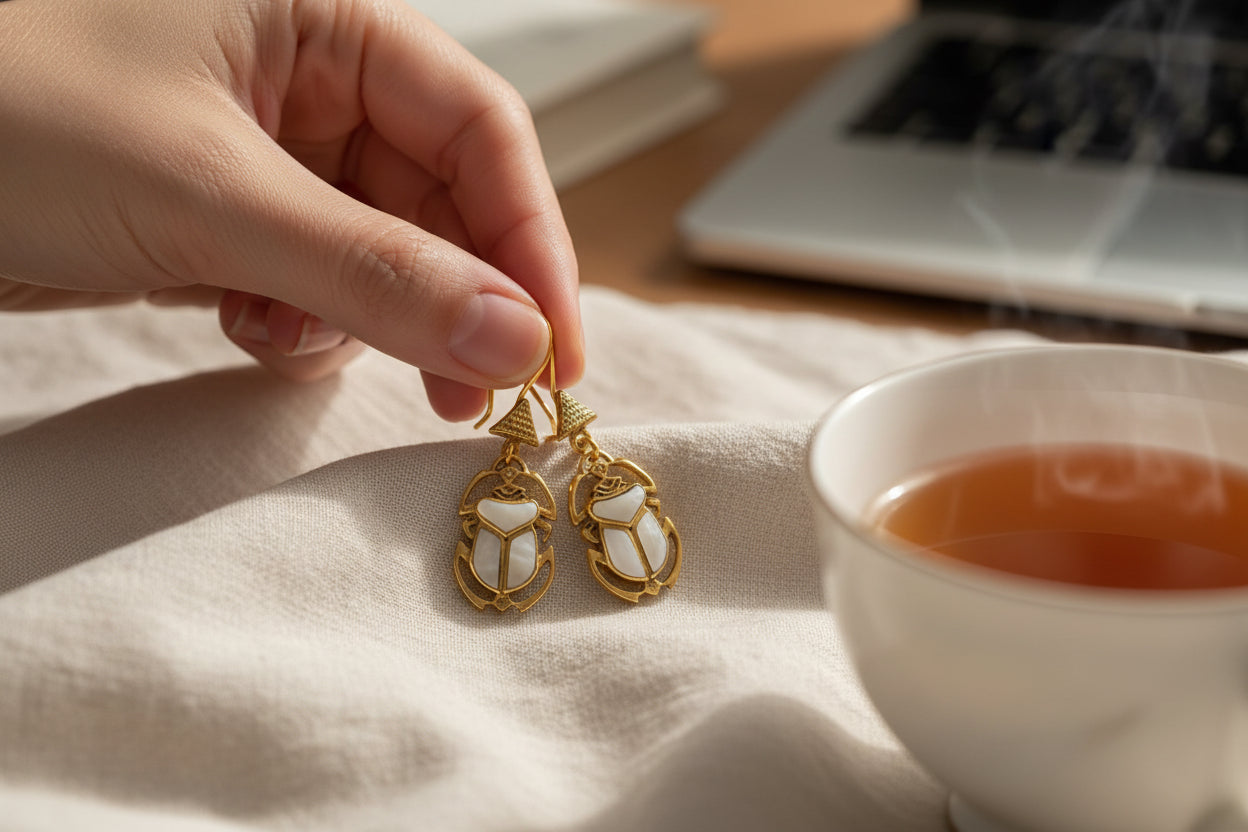 Gold Mother of Pearl Scarab Earrings, Egyptian Talisman Jewelry