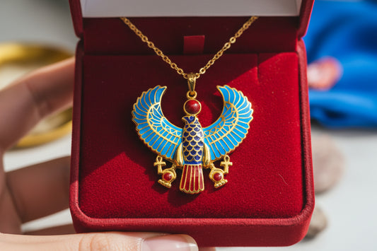 Gold God Horus Large Enamel Pendant, Egyptian Revival Talisman Necklace