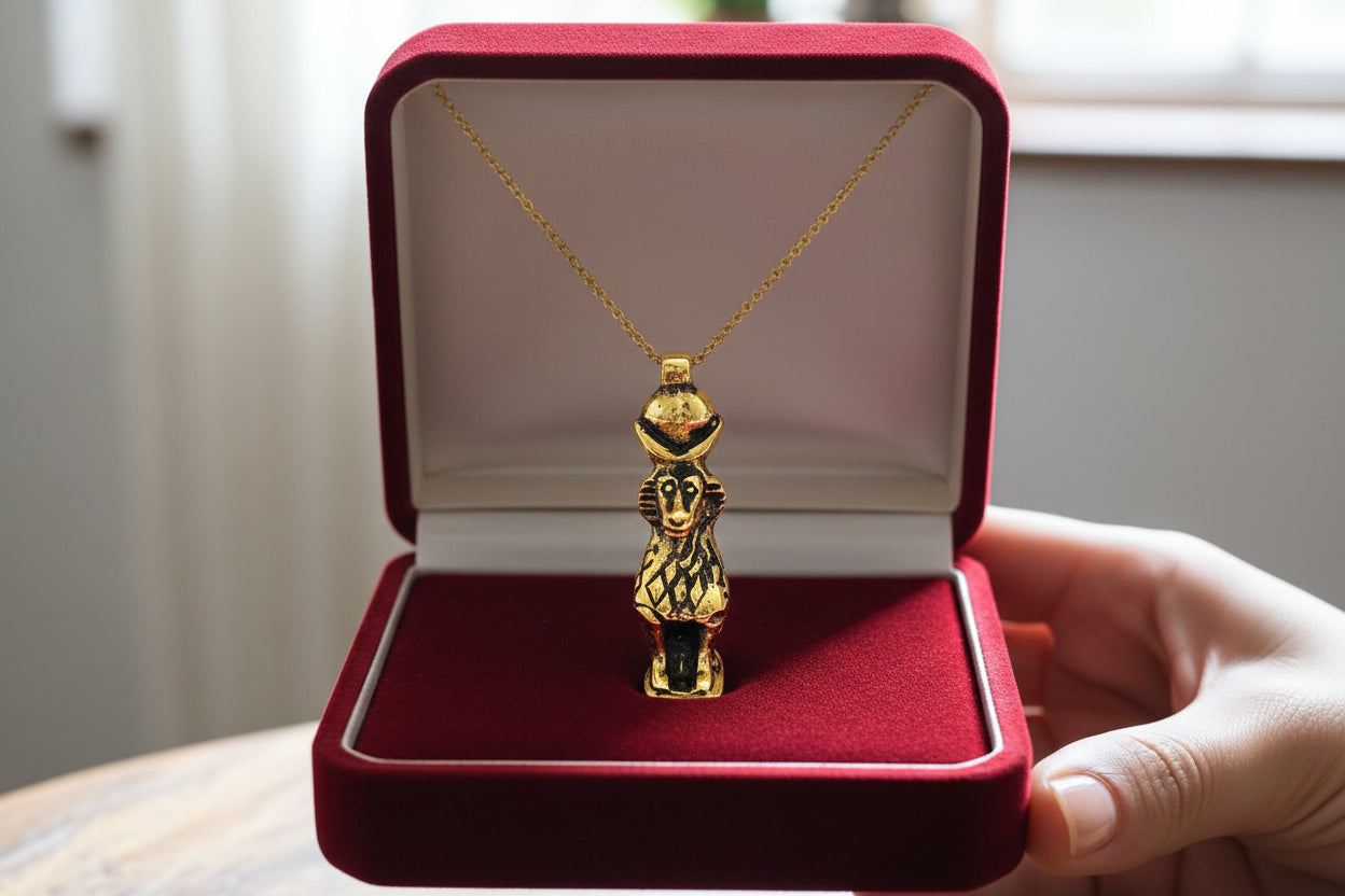 Gold Egyptian God Thoth Pendant, Antique Djehuty Jewelry
