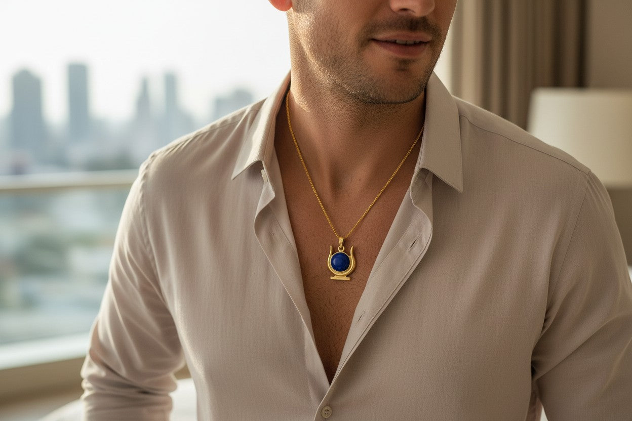 Gold Hathor Lapis Lazuli Necklace, Egyptian Goddess Horns Pendant, Spiritual Talisman Jewelry