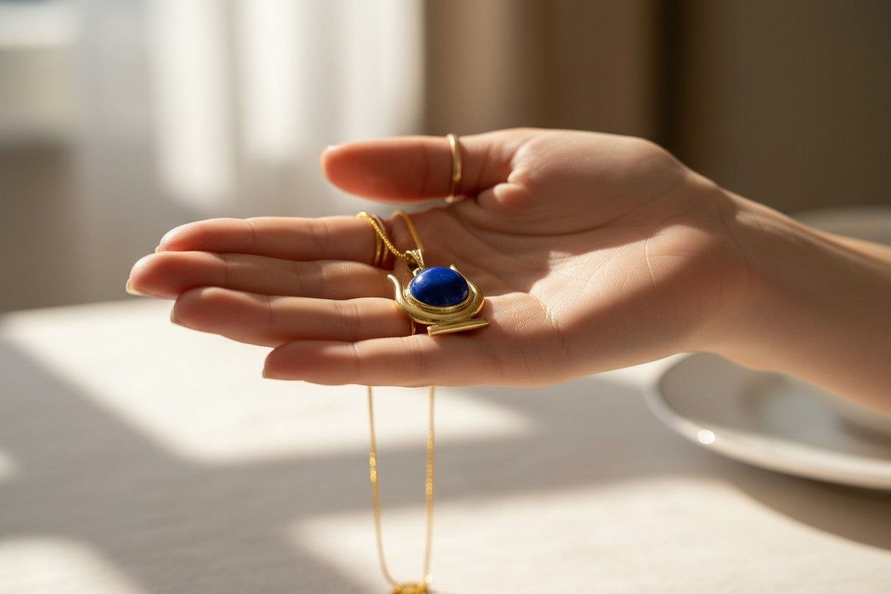 Gold Hathor Lapis Lazuli Necklace, Egyptian Goddess Horns Pendant, Spiritual Talisman Jewelry
