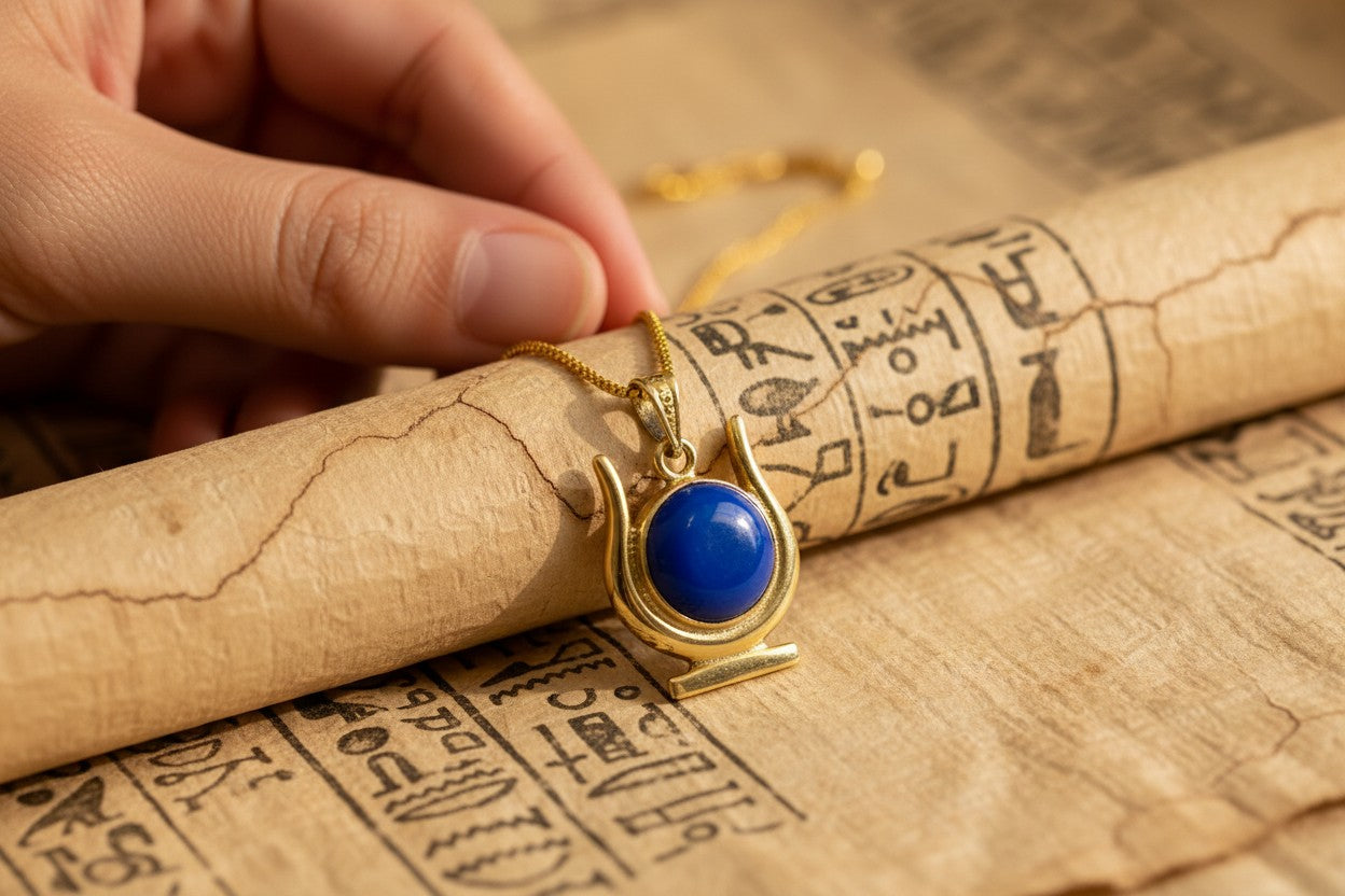 Gold Hathor Lapis Lazuli Necklace, Egyptian Goddess Horns Pendant, Spiritual Talisman Jewelry