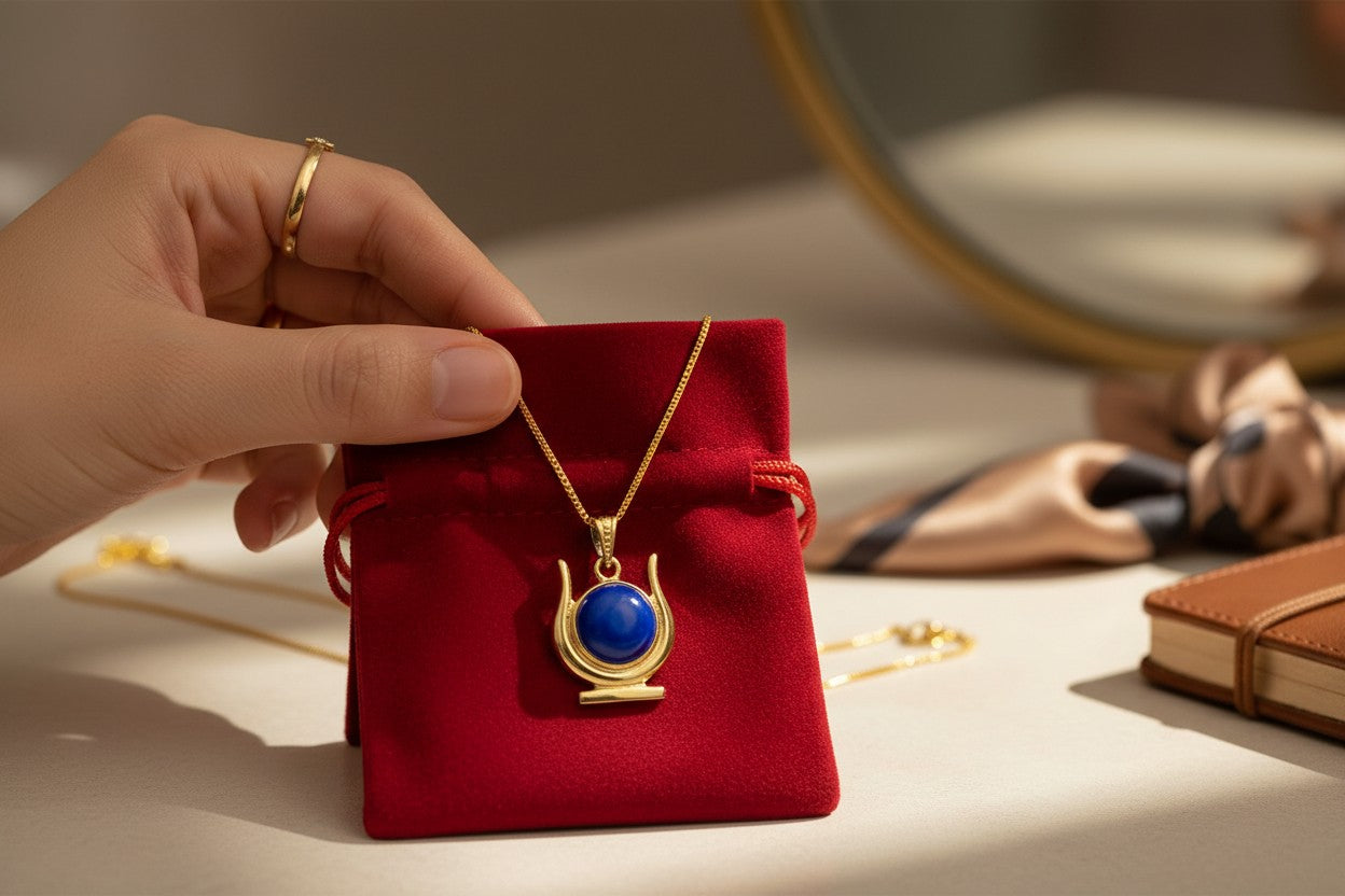 Gold Hathor Lapis Lazuli Necklace, Egyptian Goddess Horns Pendant, Spiritual Talisman Jewelry