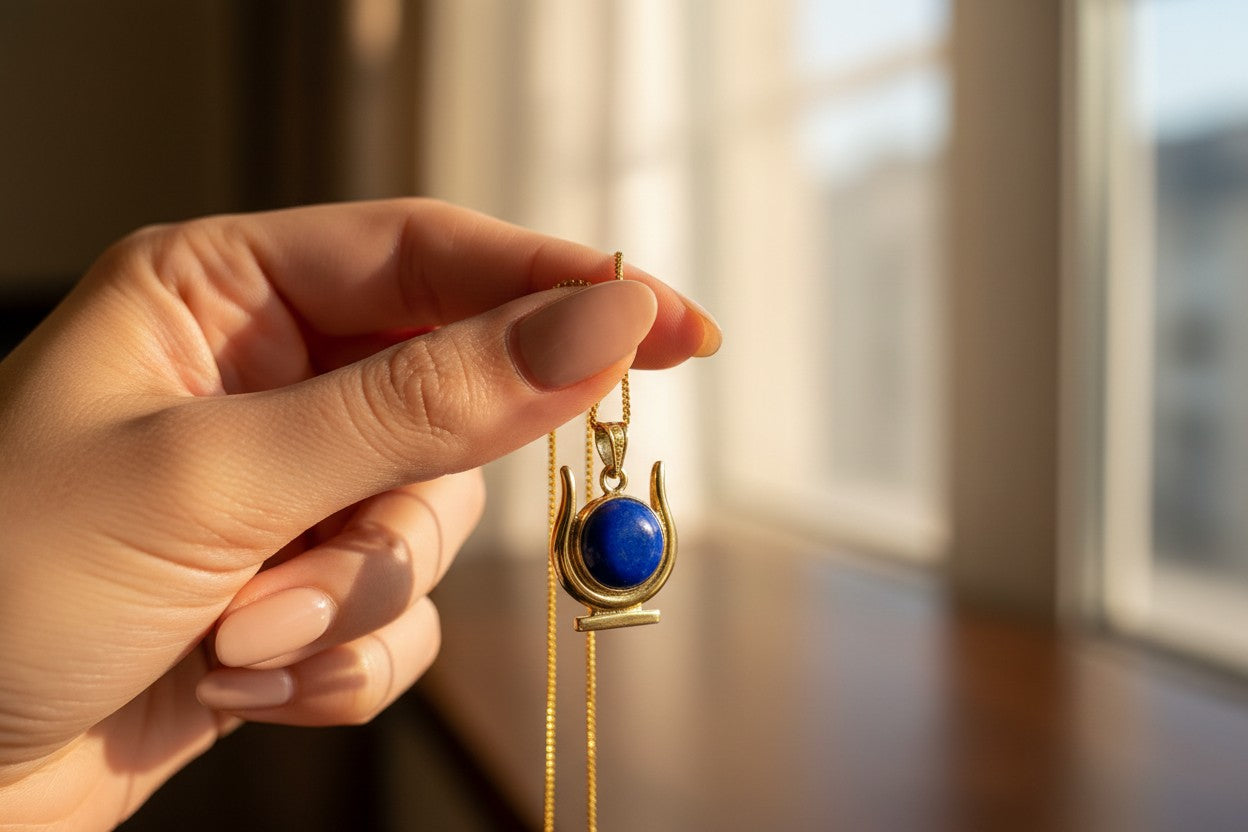 Gold Hathor Lapis Lazuli Necklace, Egyptian Goddess Horns Pendant, Spiritual Talisman Jewelry