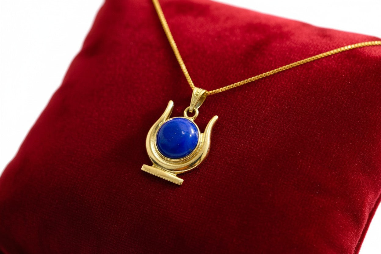 Gold Hathor Lapis Lazuli Necklace, Egyptian Goddess Horns Pendant, Spiritual Talisman Jewelry