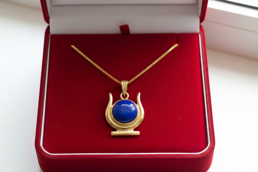 Gold Hathor Lapis Lazuli Necklace, Egyptian Goddess Horns Pendant, Spiritual Talisman Jewelry