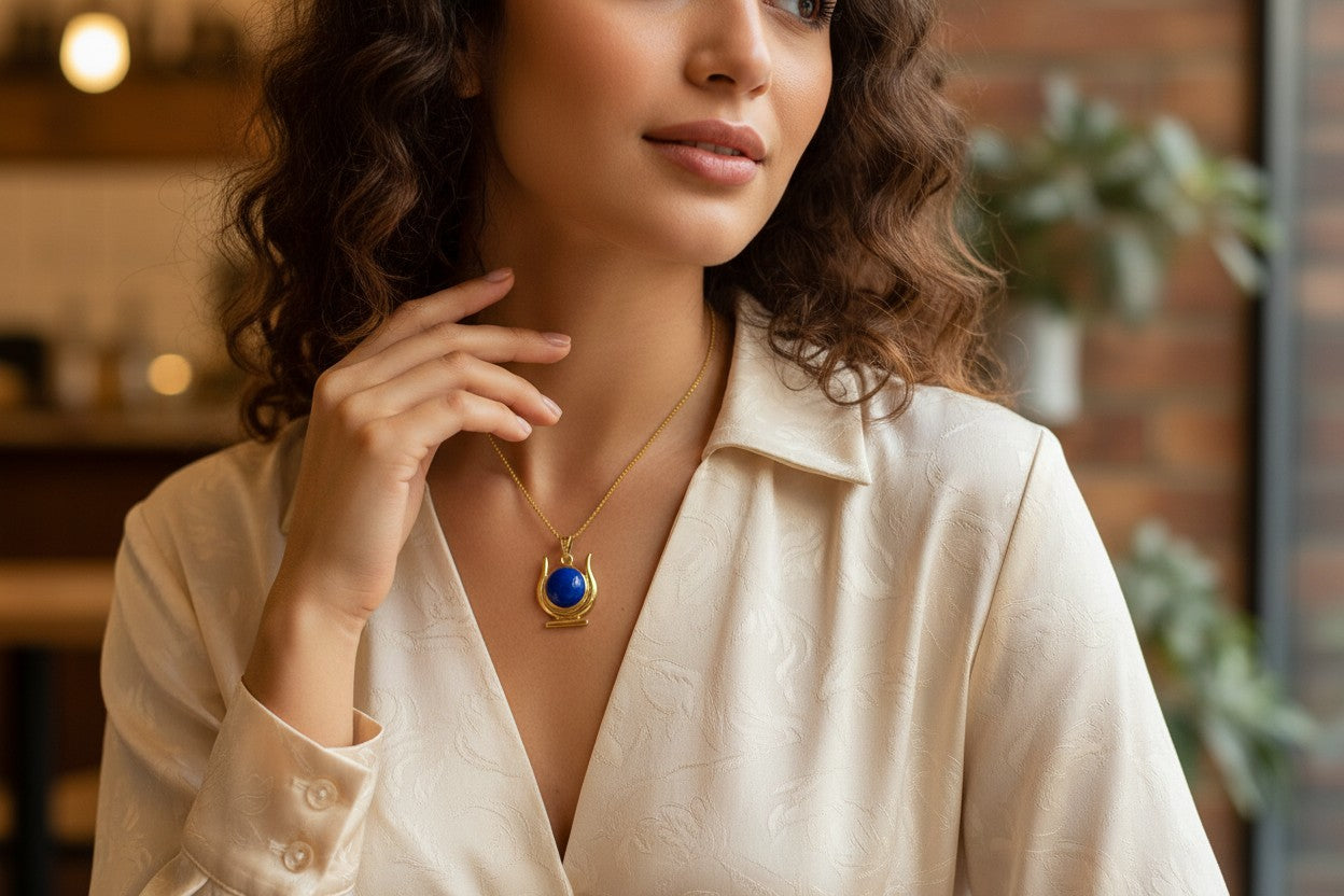 Gold Hathor Lapis Lazuli Necklace, Egyptian Goddess Horns Pendant, Spiritual Talisman Jewelry