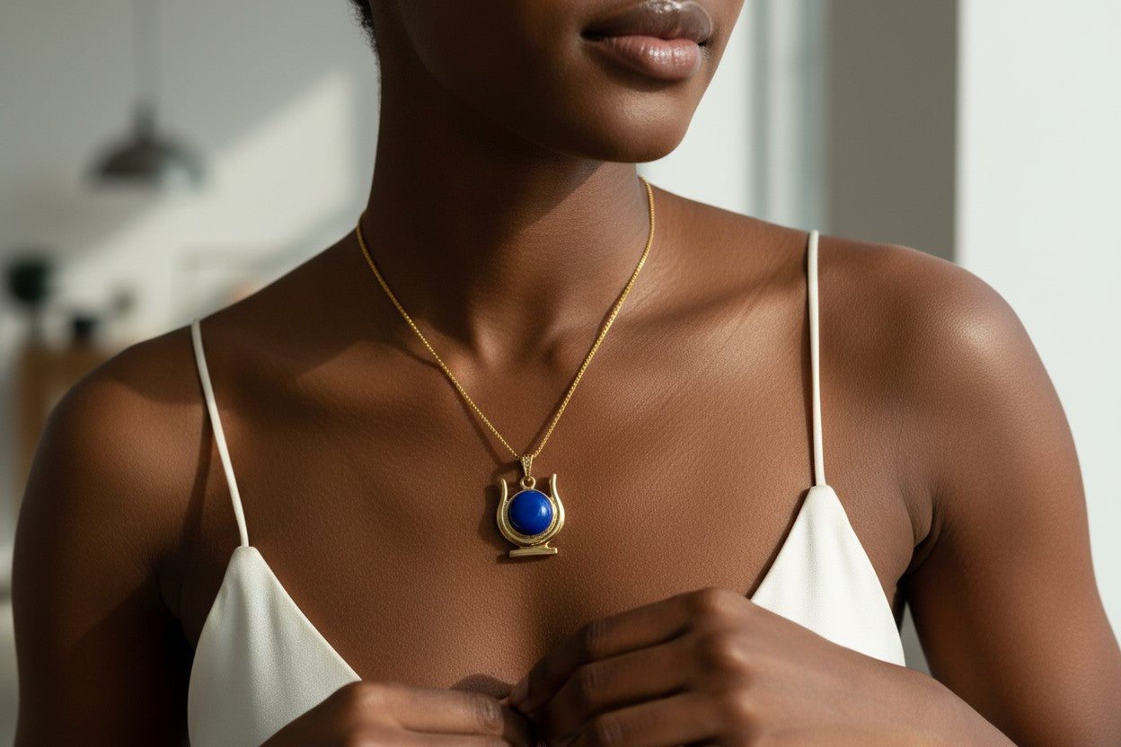 Gold Hathor Lapis Lazuli Necklace, Egyptian Goddess Horns Pendant, Spiritual Talisman Jewelry