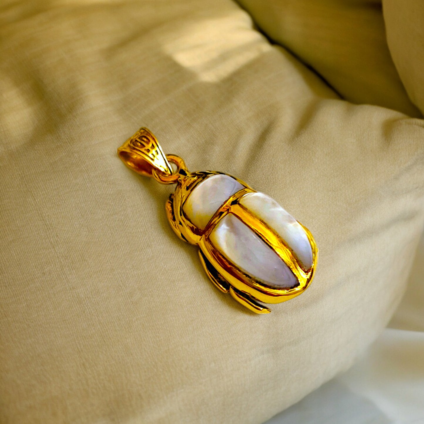 Gold Scarab Mother of Pearl Pendant, Egyptian Revival Necklace