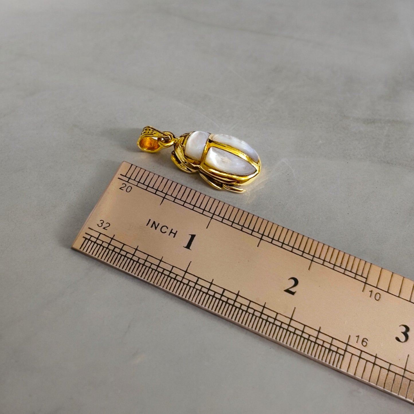 Gold Scarab Mother of Pearl Pendant, Egyptian Revival Necklace