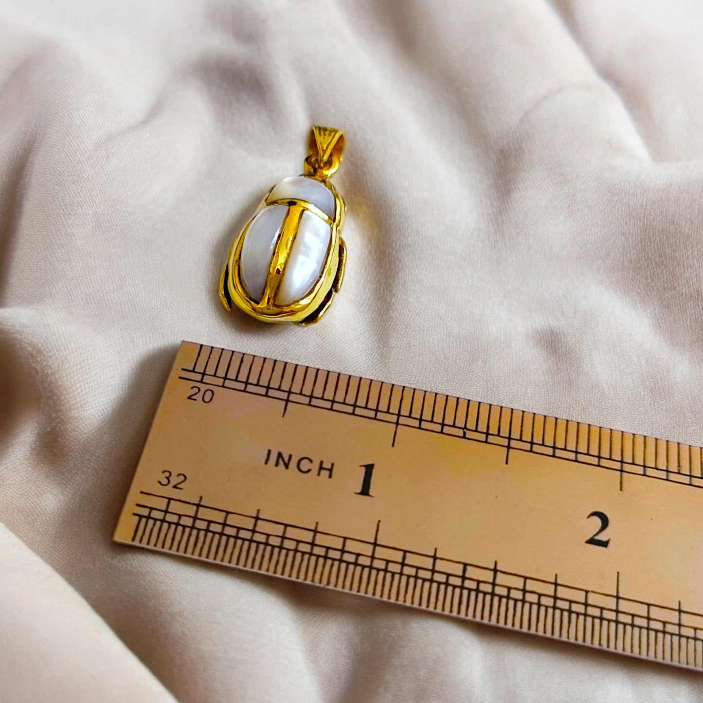 Gold Scarab Mother of Pearl Pendant, Egyptian Revival Necklace