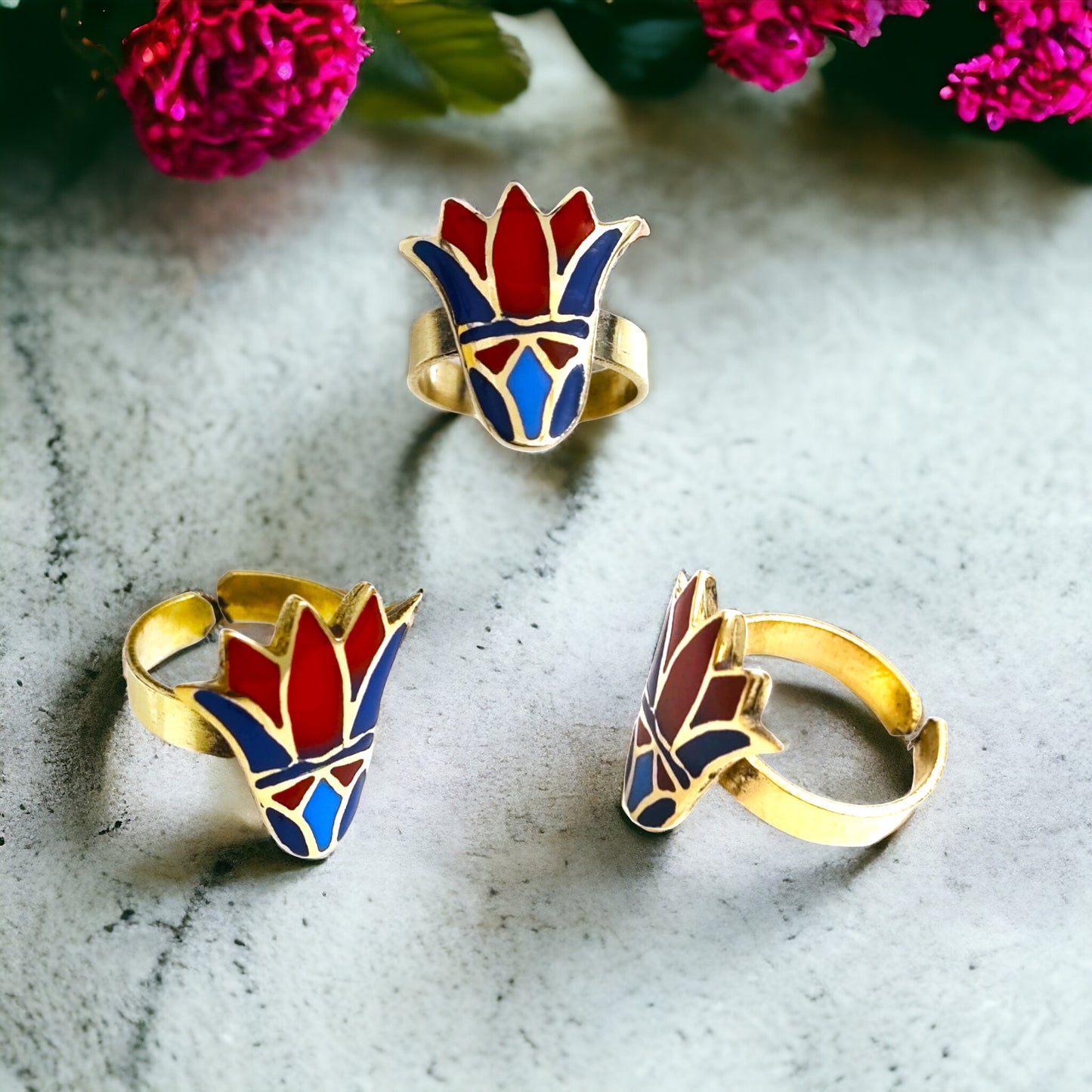Enamel Gold Lotus Flower Ring, Egyptian Talisman Adjustable Ring