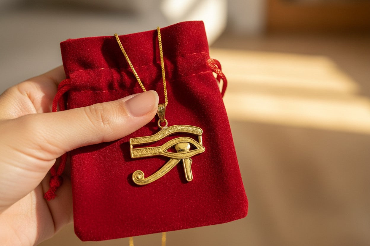 Gold Eye of Horus Pendant, Egyptian Revival Talisman Jewelry
