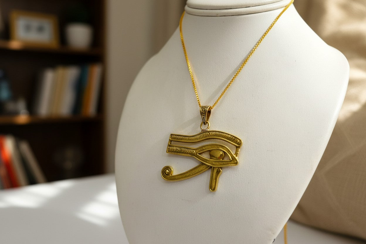 Gold Eye of Horus Pendant, Egyptian Revival Talisman Jewelry
