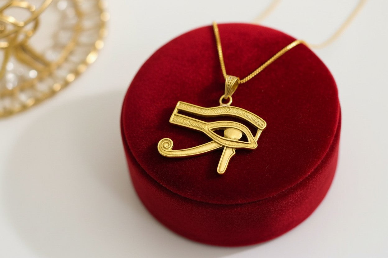 Gold Eye of Horus Pendant, Egyptian Revival Talisman Jewelry