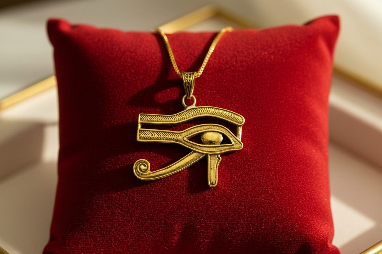 Gold Eye of Horus Pendant, Egyptian Revival Talisman Jewelry