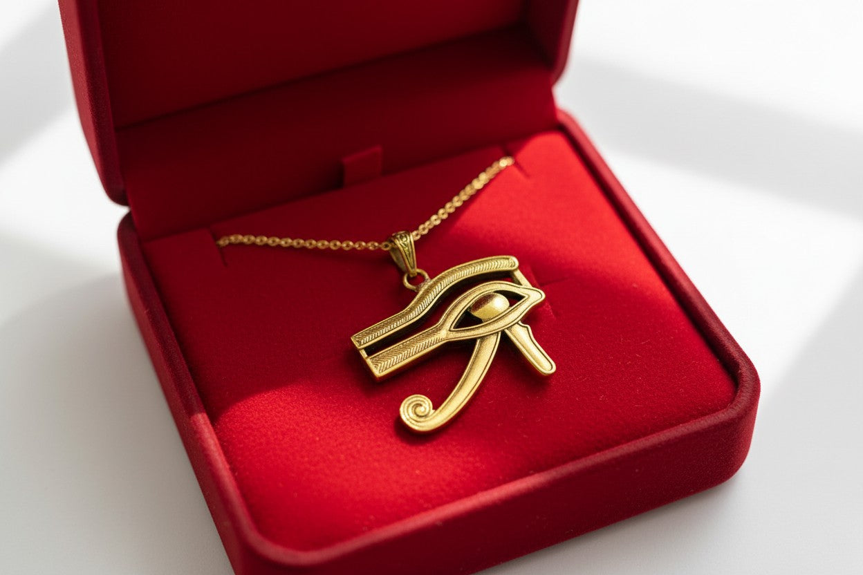 Gold Eye of Horus Pendant, Egyptian Revival Talisman Jewelry