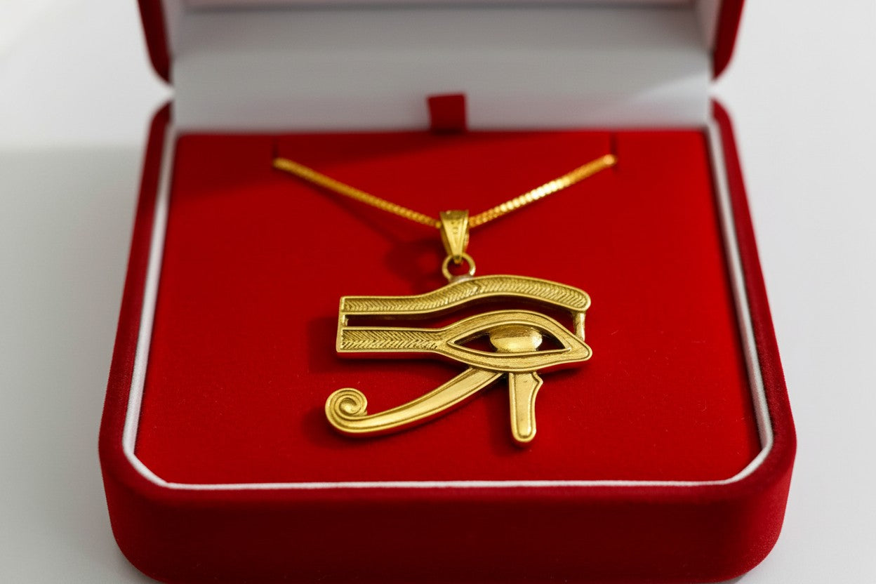 Gold Eye of Horus Pendant, Egyptian Revival Talisman Jewelry
