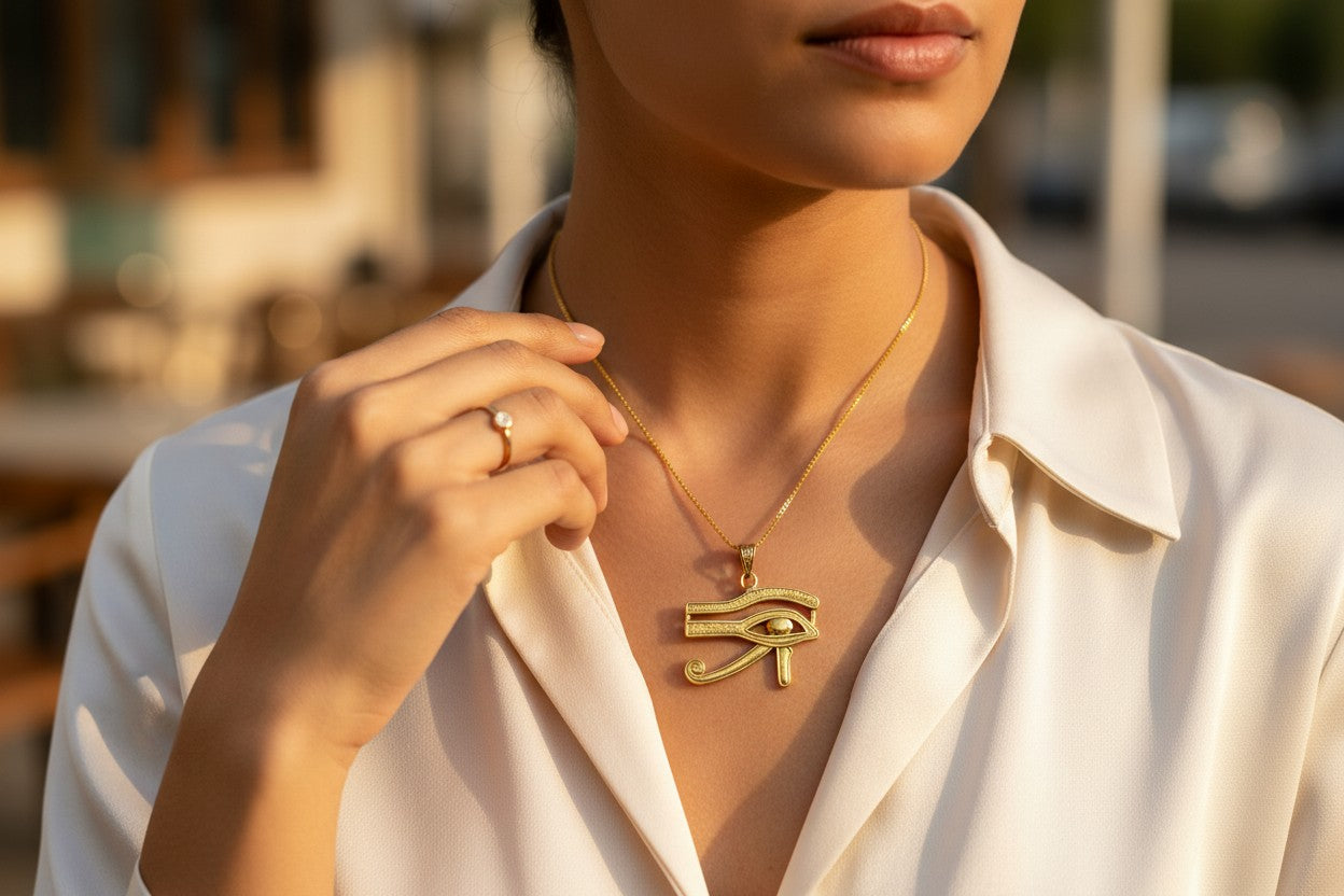 Gold Eye of Horus Pendant, Egyptian Revival Talisman Jewelry