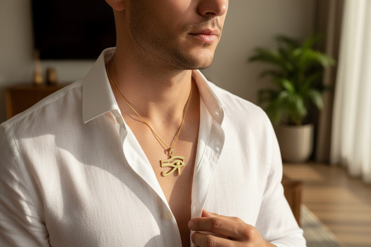 Gold Eye of Horus Pendant, Egyptian Revival Talisman Jewelry
