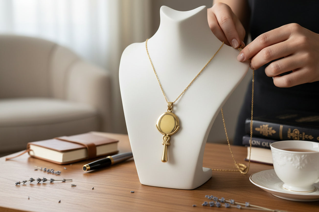 Goddess Hathor Mirror Pendant Necklace, Egyptian Revival Talisman