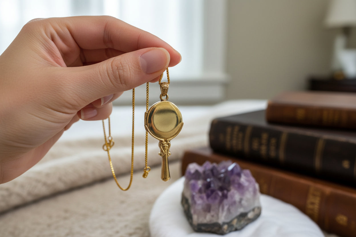 Goddess Hathor Mirror Pendant Necklace, Egyptian Revival Talisman
