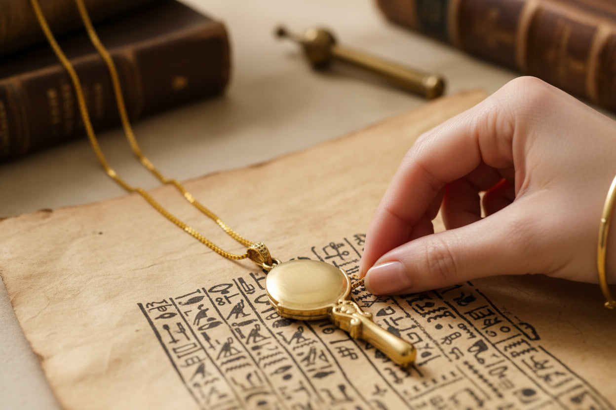 Goddess Hathor Mirror Pendant Necklace, Egyptian Revival Talisman