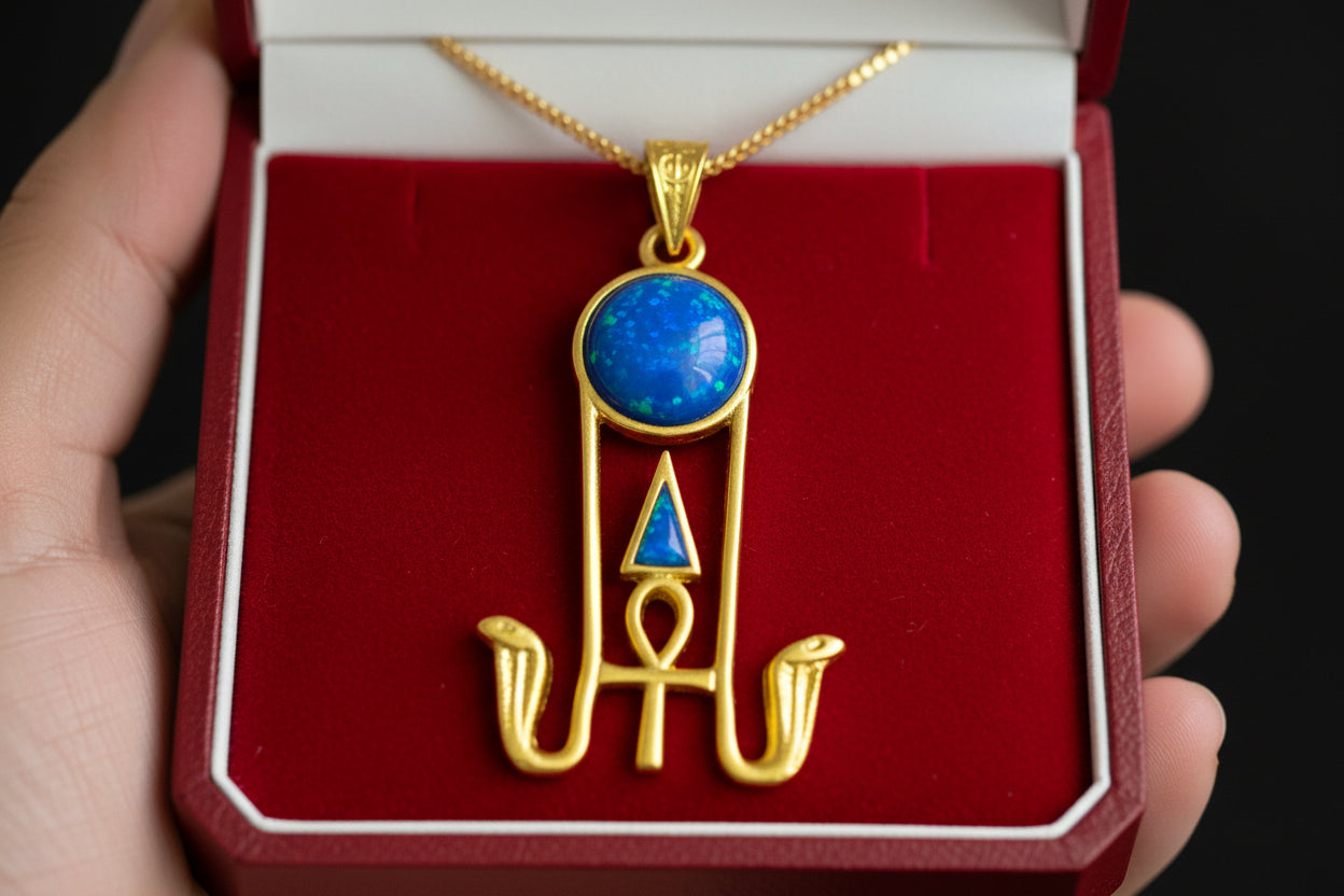Gold Sun Disk Opal Pendant, Handmade Egyptian Protection Necklace