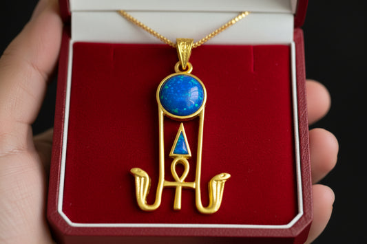 Gold Sun Disk Opal Pendant, Handmade Egyptian Protection Necklace