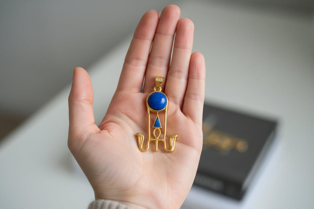 Gold Sun Disk Opal Pendant, Handmade Egyptian Protection Necklace