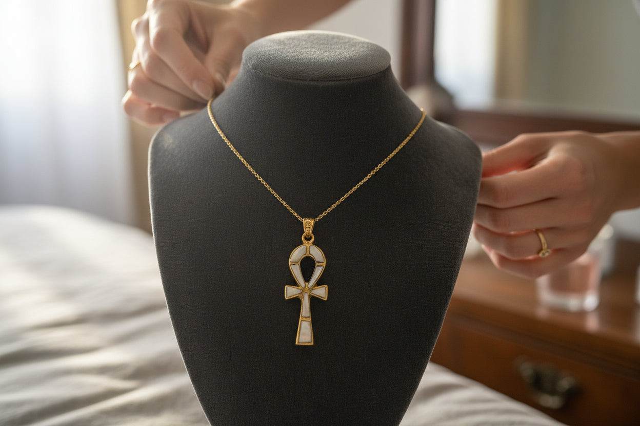 Gold Ankh Necklace, Mother of Pearl Egyptian Key of Life Pendant