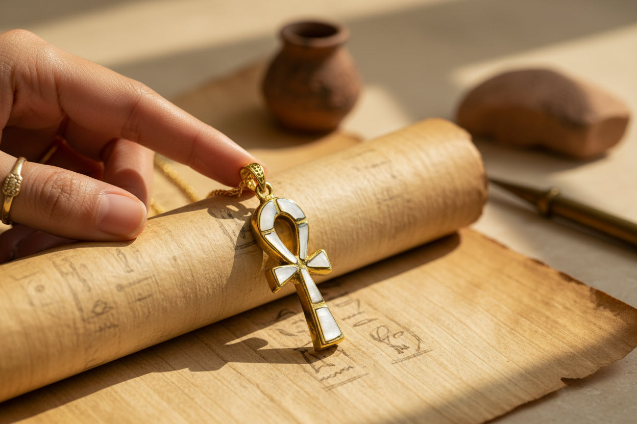 Gold Ankh Necklace, Mother of Pearl Egyptian Key of Life Pendant
