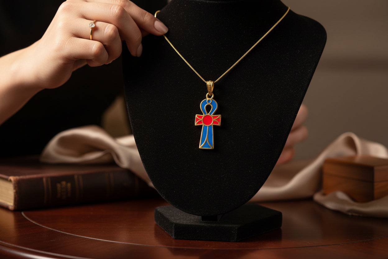 Gold Enamel Ankh Pendant, Egyptian Key of Life Talisman