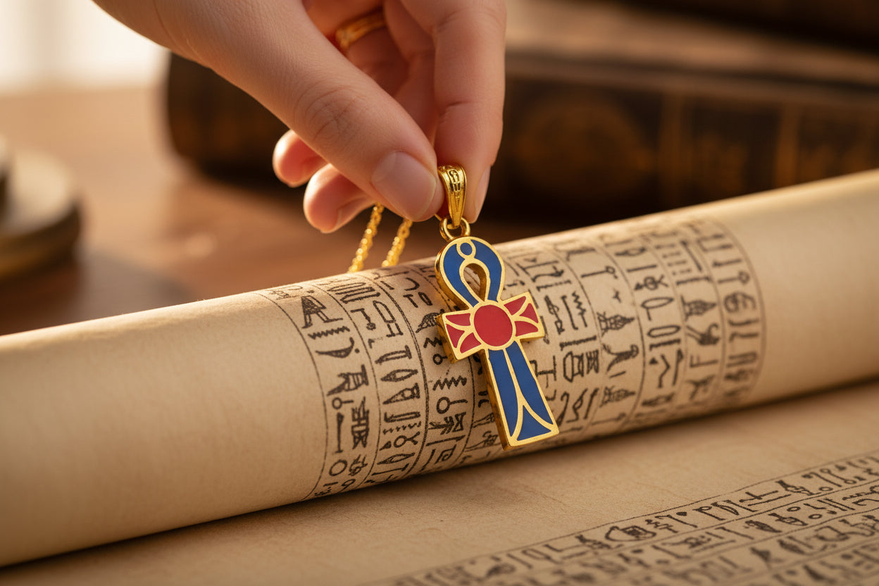 Gold Enamel Ankh Pendant, Egyptian Key of Life Talisman
