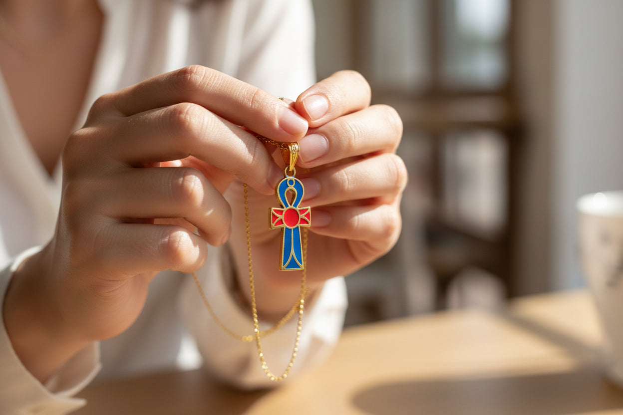 Gold Enamel Ankh Pendant, Egyptian Key of Life Talisman