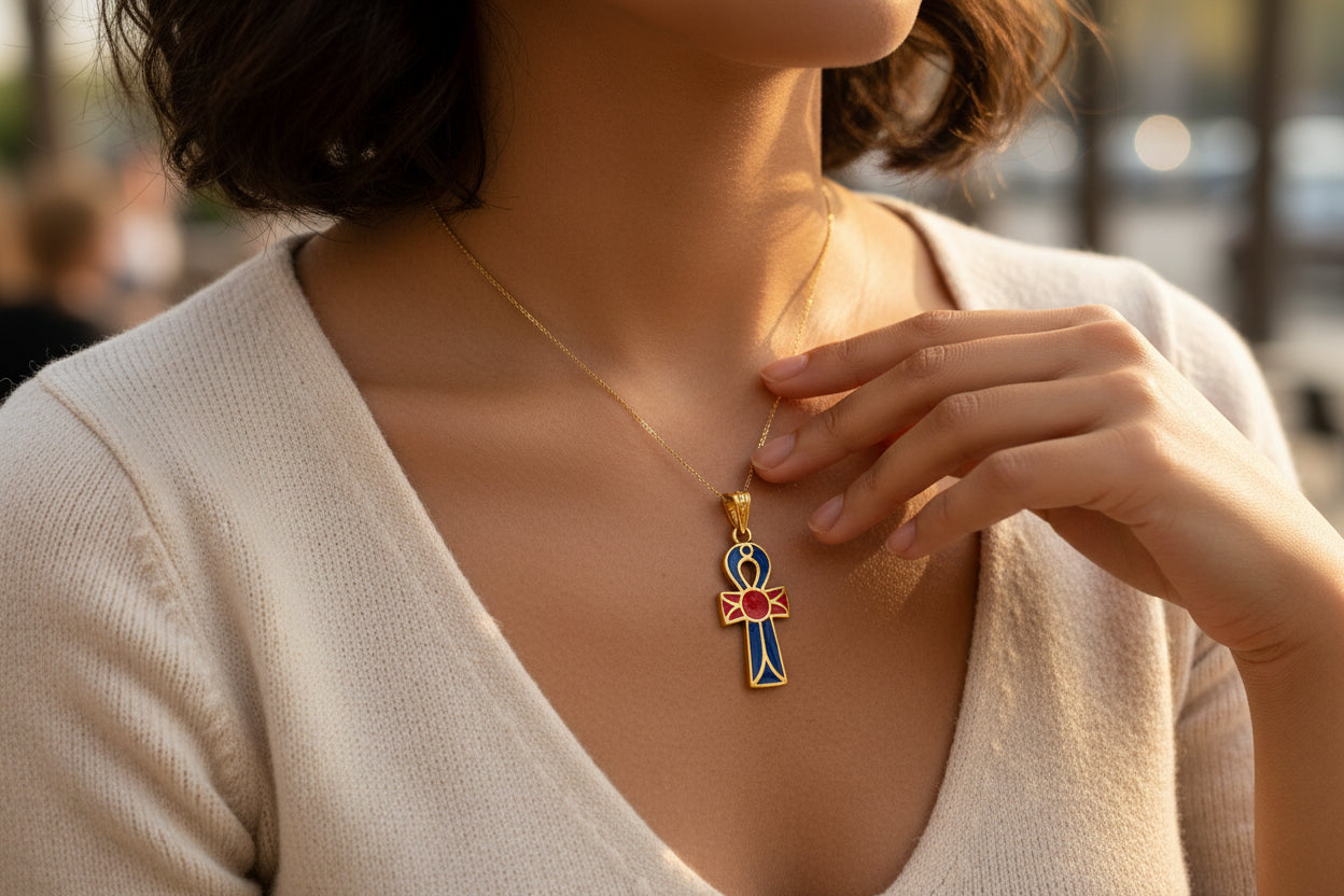 Gold Enamel Ankh Pendant, Egyptian Key of Life Talisman