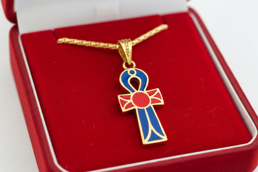 Gold Enamel Ankh Pendant, Egyptian Key of Life Talisman