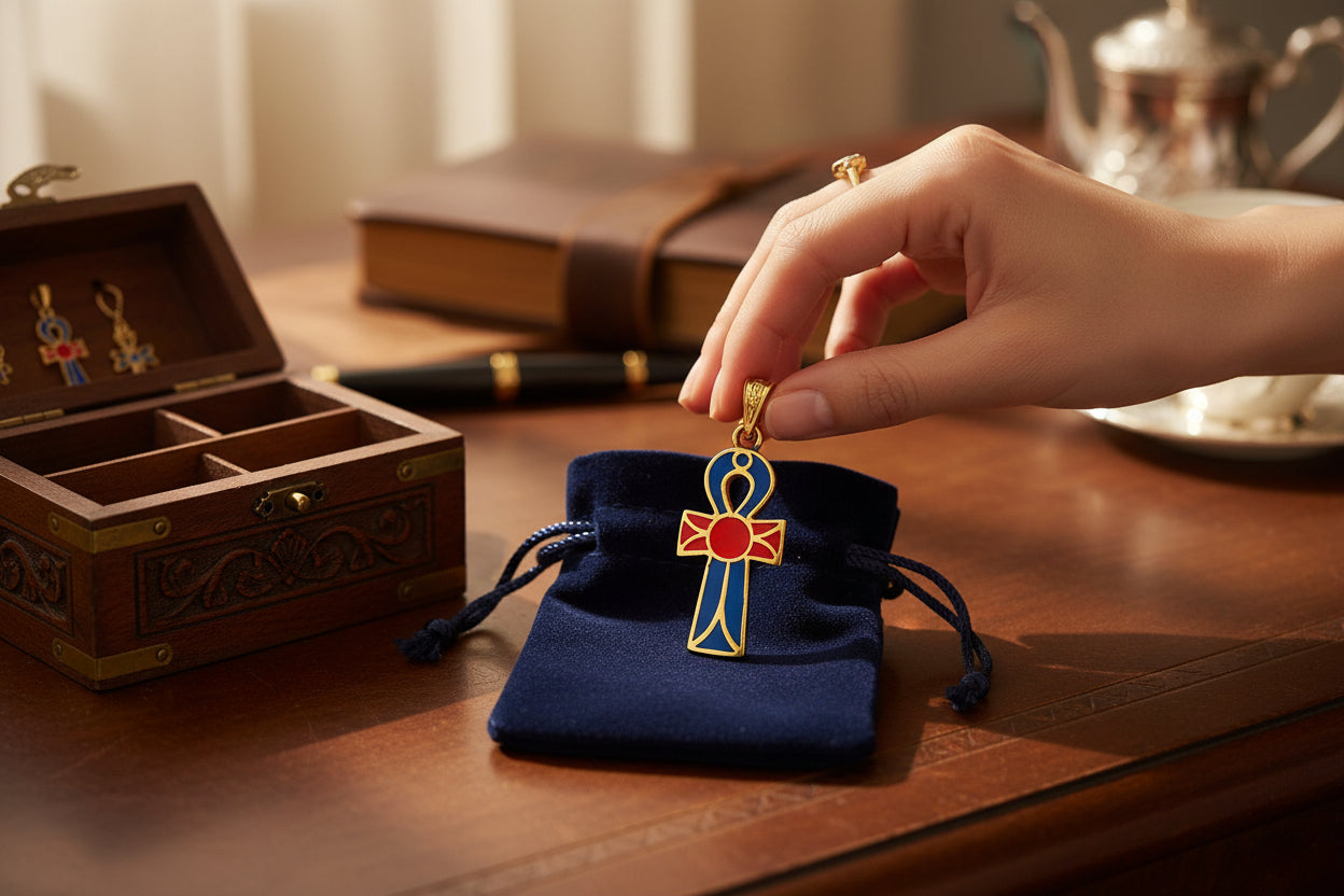 Gold Enamel Ankh Pendant, Egyptian Key of Life Talisman