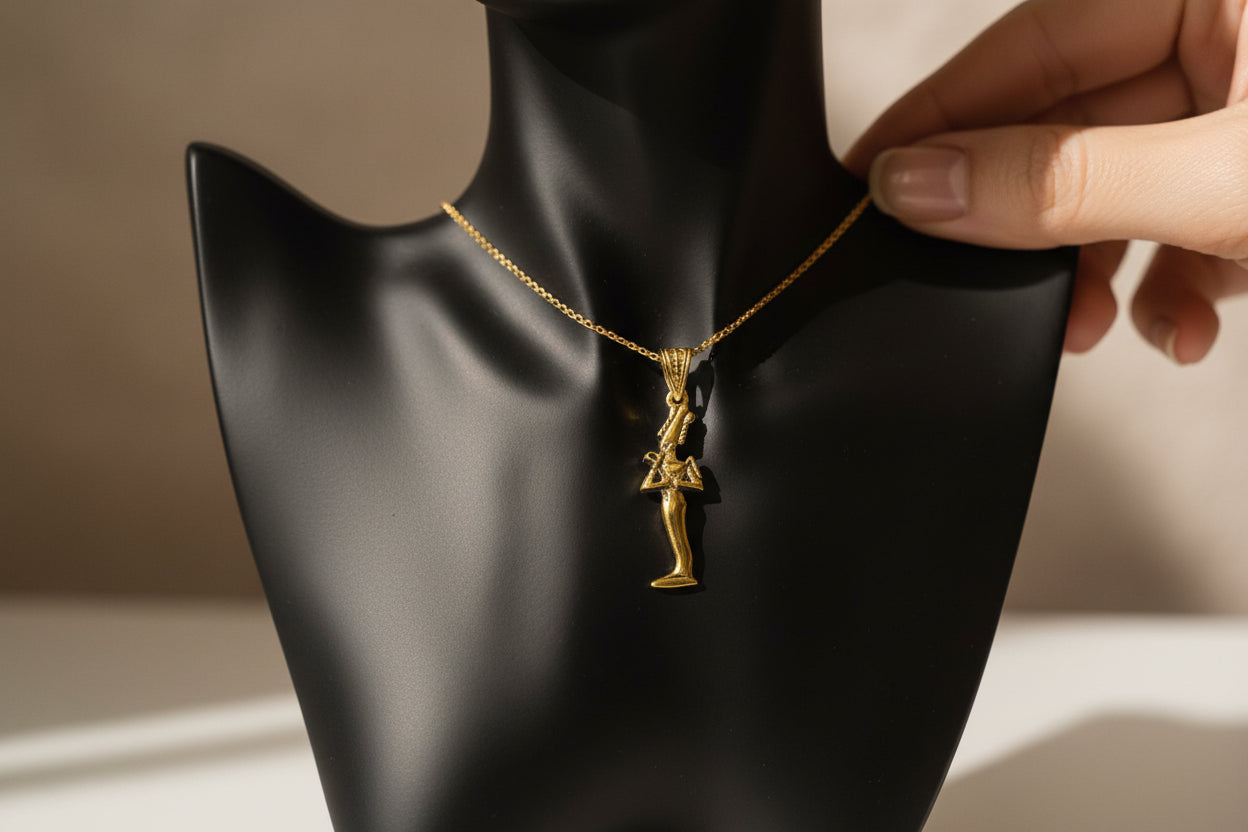 Gold God Osiris Pendant Necklace, Egyptian Revival Talisman