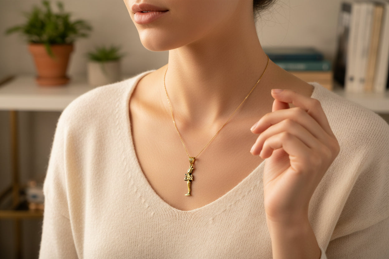 Gold God Osiris Pendant Necklace, Egyptian Revival Talisman