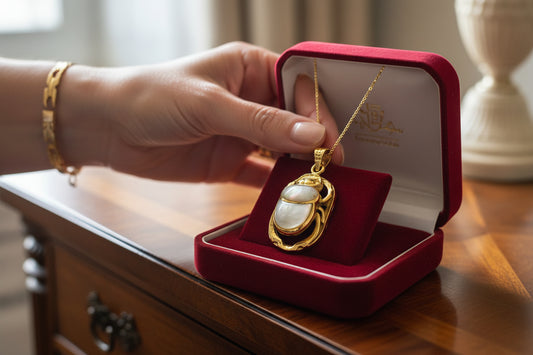 Gold Scarab Mother of Pearl Pendant, Egyptian Revival Necklace