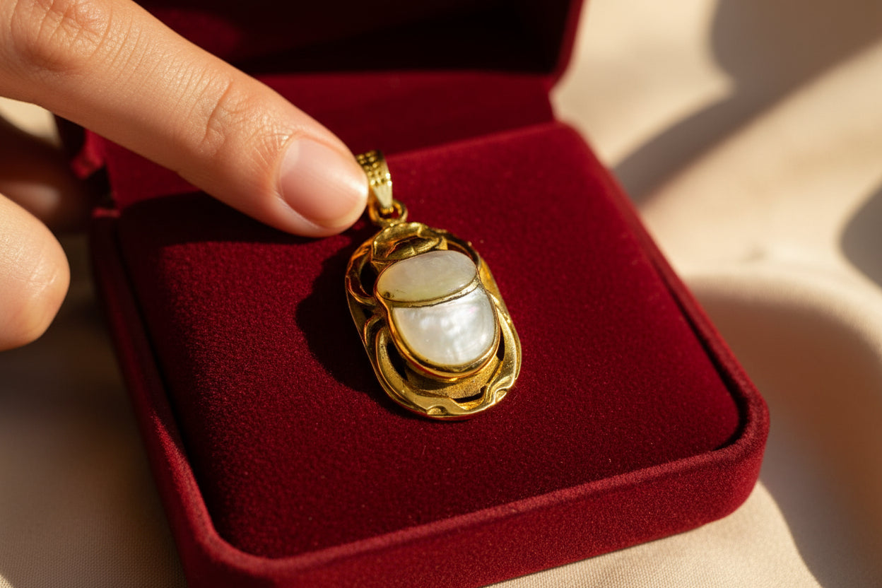Gold Scarab Mother of Pearl Pendant, Egyptian Revival Necklace