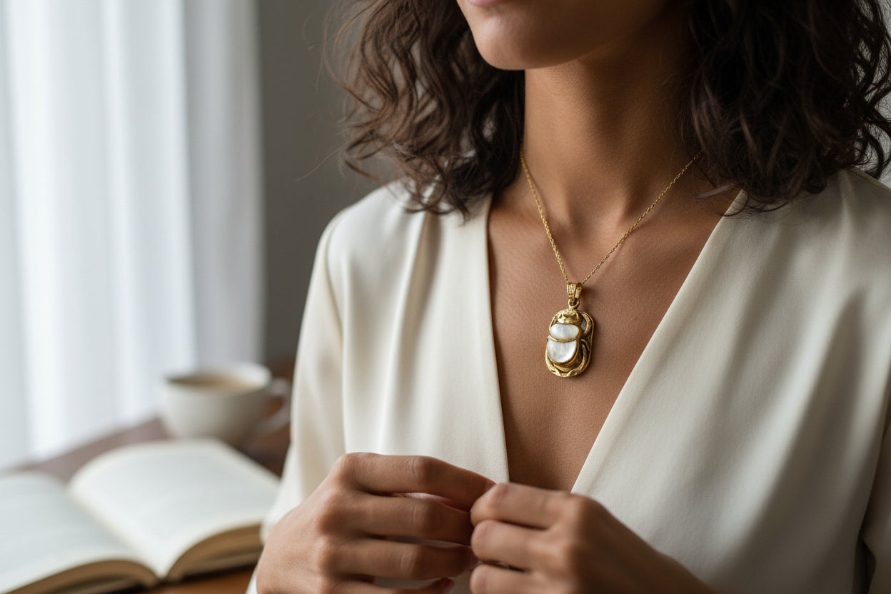 Gold Scarab Mother of Pearl Pendant, Egyptian Revival Necklace