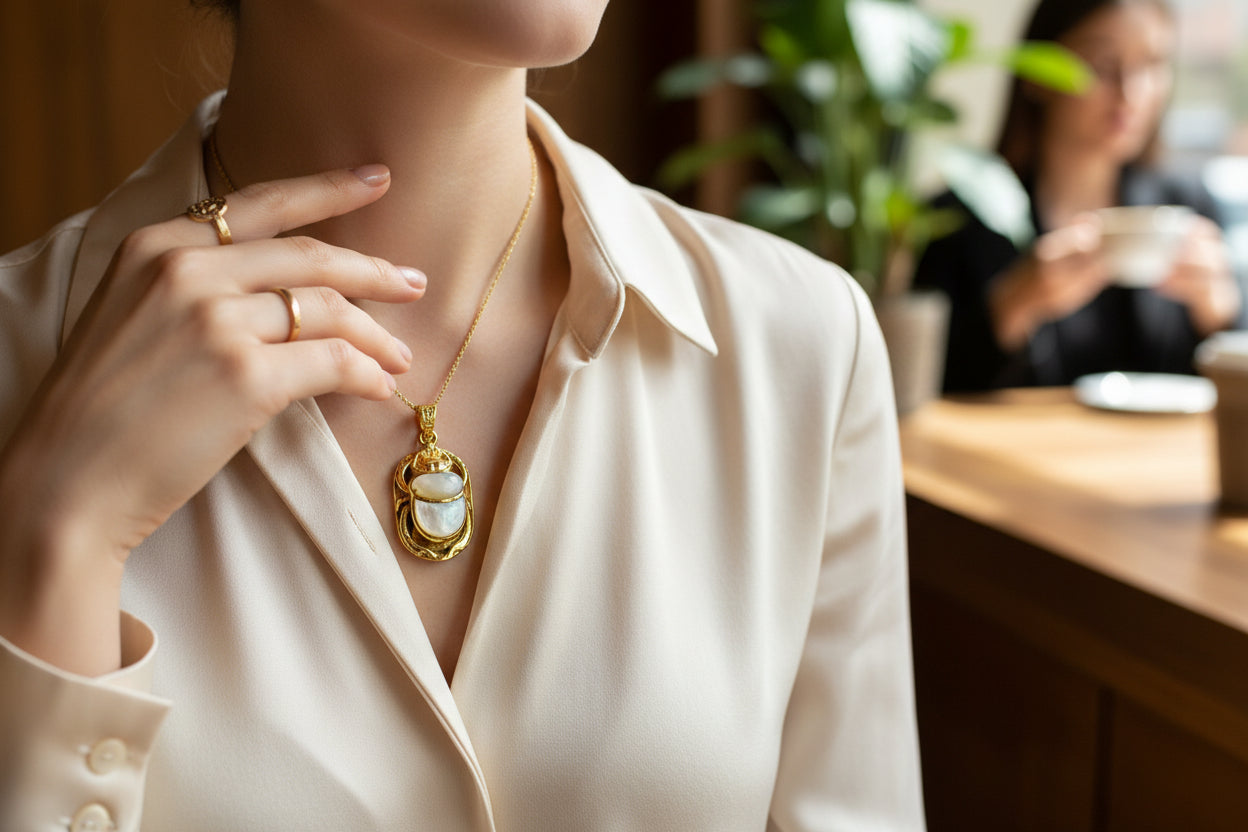 Gold Scarab Mother of Pearl Pendant, Egyptian Revival Necklace