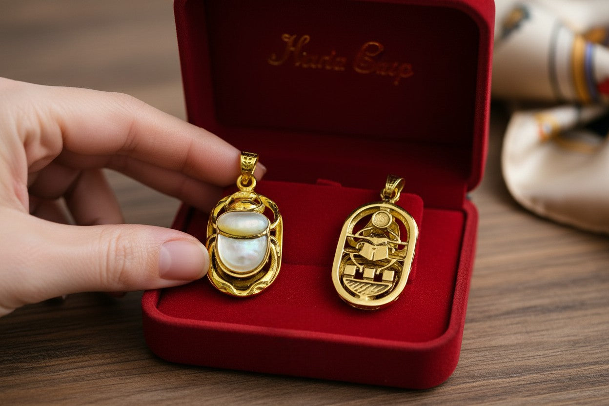 Gold Scarab Mother of Pearl Pendant, Egyptian Revival Necklace