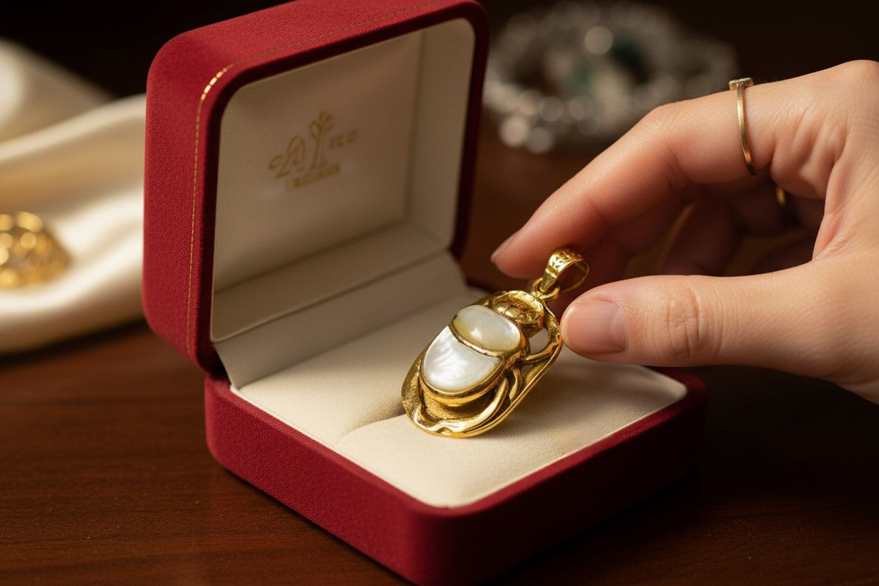 Gold Scarab Mother of Pearl Pendant, Egyptian Revival Necklace