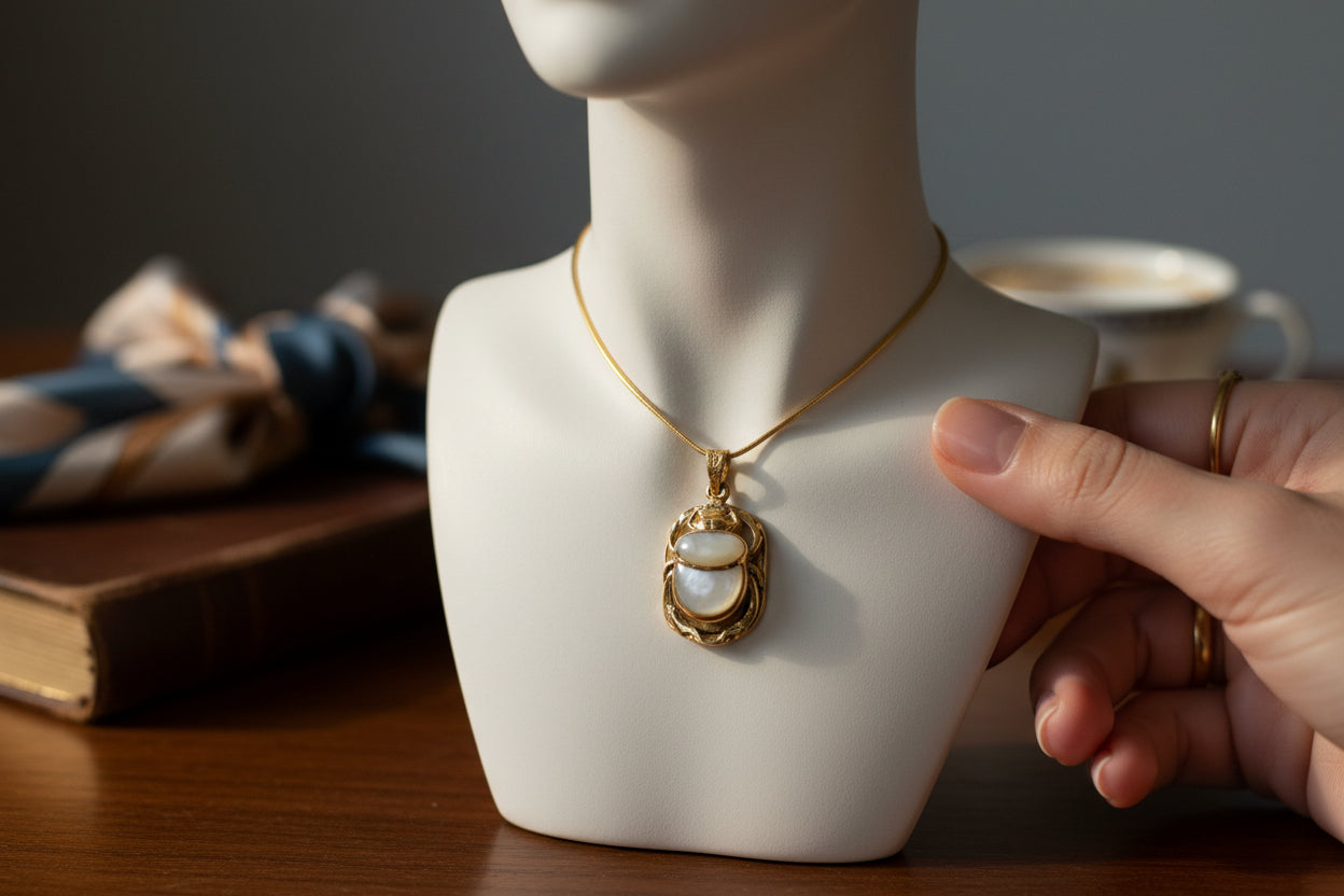 Gold Scarab Mother of Pearl Pendant, Egyptian Revival Necklace