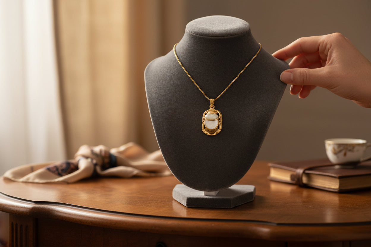 Gold Scarab Mother of Pearl Pendant, Egyptian Revival Necklace