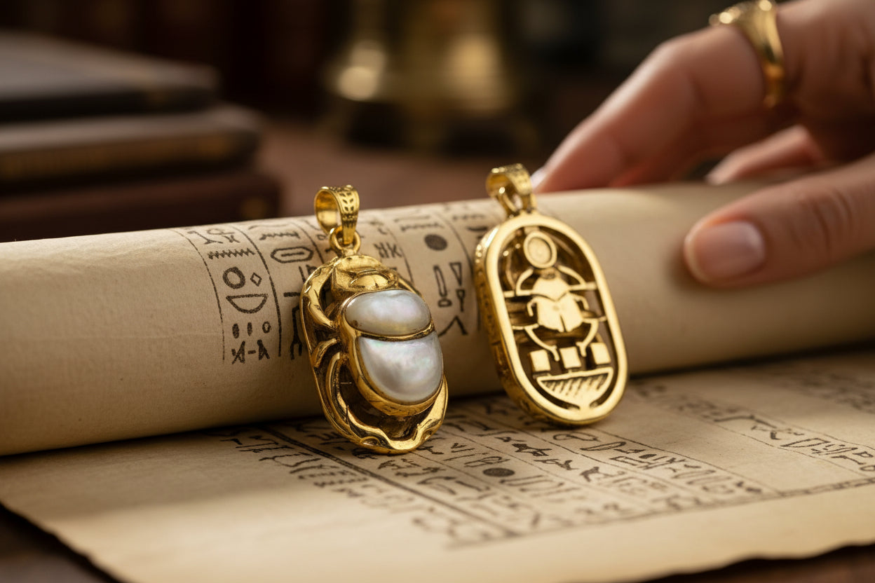 Gold Scarab Mother of Pearl Pendant, Egyptian Revival Necklace