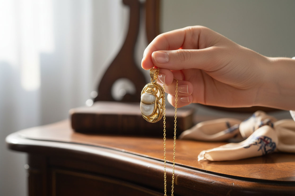 Gold Scarab Mother of Pearl Pendant, Egyptian Revival Necklace